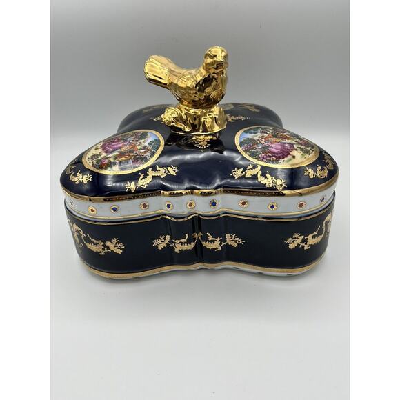 Sevres France Porcelain Hand Painted Vintage Lidded Art Bowl Gold Trim Bird Top - Picture 1 of 16